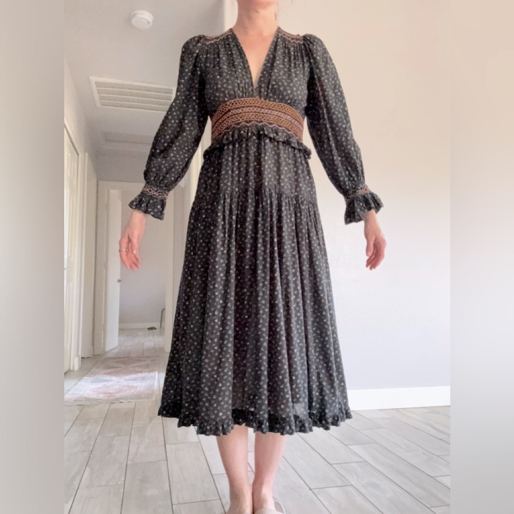 DOEN printed dress with embroidered detail at waist, dark navy, TTS small